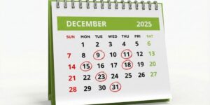 A standing desk calendar showing the month of December 2025 with a green header and binder rings. Red hand-drawn circles mark specific dates on the calendar: the 9th, 11th, 15th, 18th, 23rd, and 31st.